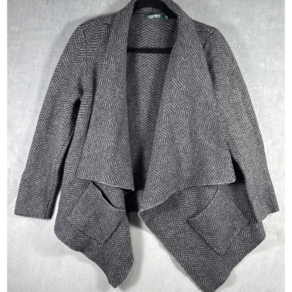 Ralph Lauren‎ Cardigan Women’s Large Grey Wool Blend Herringbone Waterfall - Picture 1 of 6